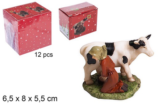 [109885] Vache à traire bergère en résine 14 cm