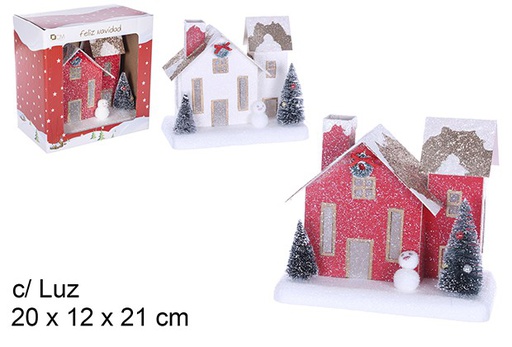 [108753] Shiny gold/red snowy house with light 20x12 cm