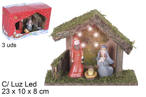 [109260] Natività 3 pezzi Presepe in legno con luce LED 23x10x8 cm