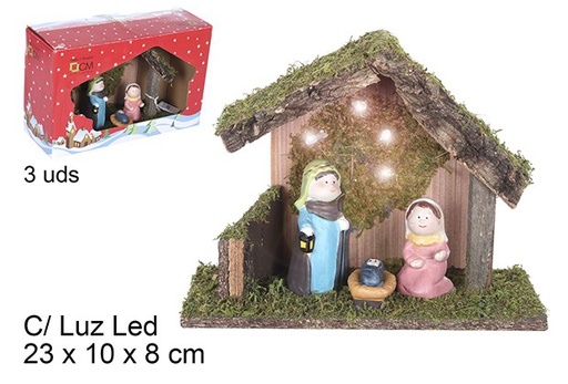 [109264] Nativity scene 3 pieces wooden manger with LED light 23x10 cm