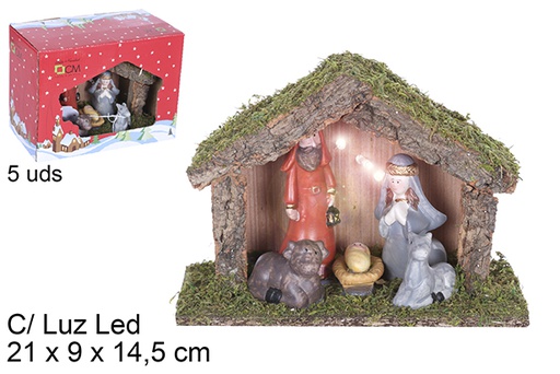 [109268] Nacimiento 5 piezas pesebre madera con luz LED 21x9x14,5 cm