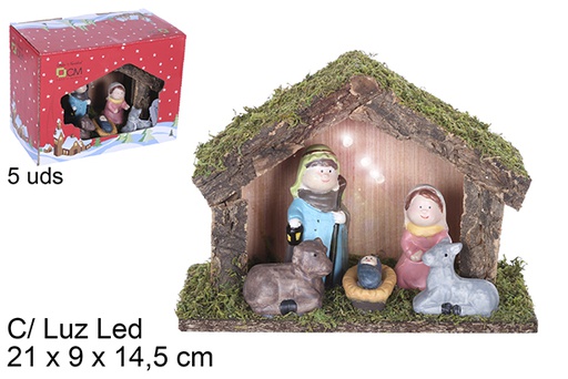 [109270] Wooden nativity 5-piece scene with LED light 21x9x14,5 cm