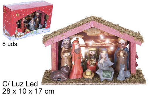 [109274] Nacimiento 5 piezas pesebre madera con luz LED 28x10x17 cm