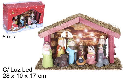 [109276] Nacimiento 5 piezas pesebre madera con luz LED 28x10x17 cm