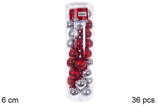 [109997] Pack 36 boules rouges/argentées brillantes/mates cylindre 6 cm