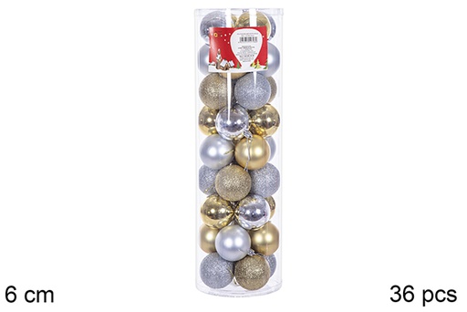 [109998] Pack 36 boules dorées/argentées brillantes/mates/à paillettes cylindre 6 cm