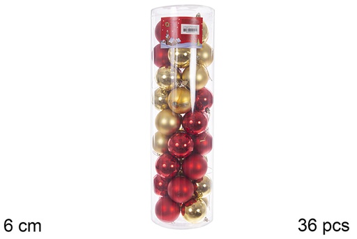 [109999] Pack 36 boules rouges/dorées brillantes/mates cylindre 6 cm