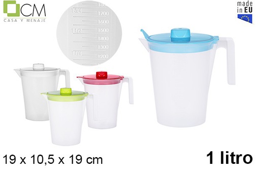 [102812] Pichet doseur en plastique avec couvercle couleurs assorties 1 l.