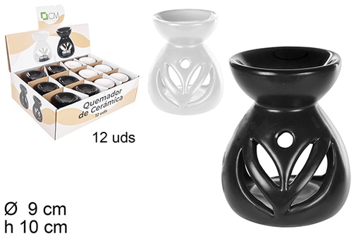 [108673] Quemador cerámica blanco/negro decorado hojas 10 cm