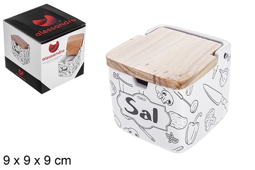 [108746] Salero cerámica con tapa madera decorado