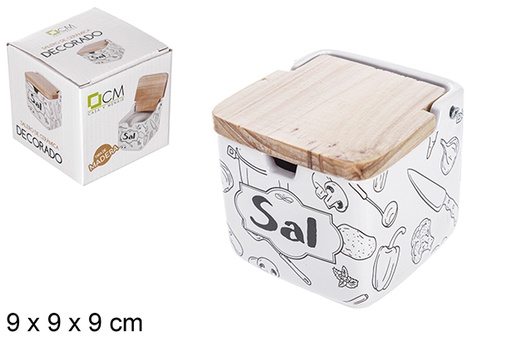 [108746] Salière en céramique avec couvercle en bois décoré