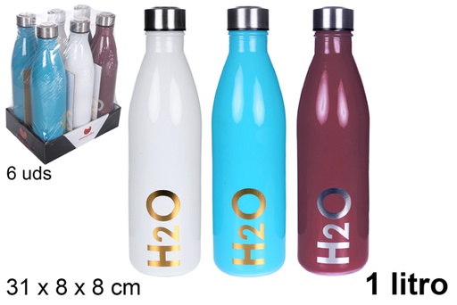 [109282] Glass water bottle assorted colors decorated H2O 1 l.
