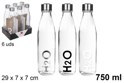 [109285] Garrafa de água de vidro transparente decorada H2O 750 ml