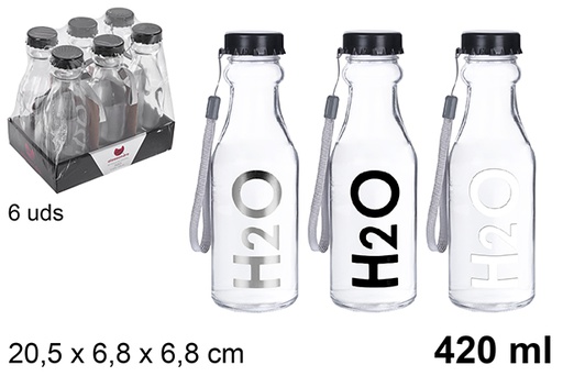 [109286] Bouteille d'eau en verre transparent décorée H2O 420 ml