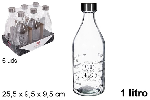 [109170] Glass water bottle decorated water steel lid 1 liter