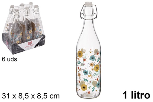 [109184] Flacon verre décorée avec bouchon mécanique 1 litres