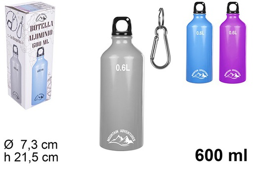 [108729] Colored aluminum bottle and carabiner 600 ml