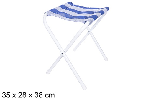 [110624] Tabouret de plage pliant métal blanc Textilène bleu/blanc 35x28 cm
