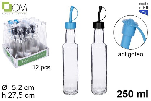 [110613] Huilier rond en verre avec bouchon anti-goutte bleu/noir 250 ml