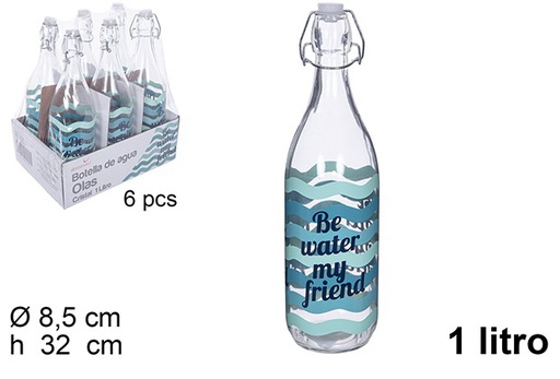 [109182] Decorated glass water bottle with mechanical stopper 1 l.