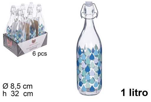 [109183] Botella cristal agua decorada gotas tapón gaseosa 1 l.
