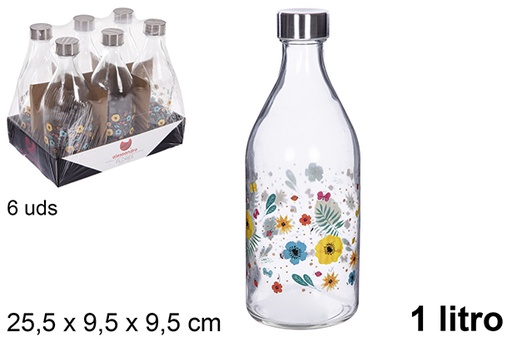 [109173] Botella cristal agua decorada flores tapa acero 1 l.