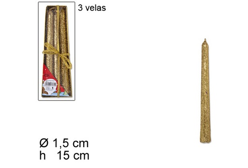 [110249] Pack 3 bougies dorées lisses 15 cm