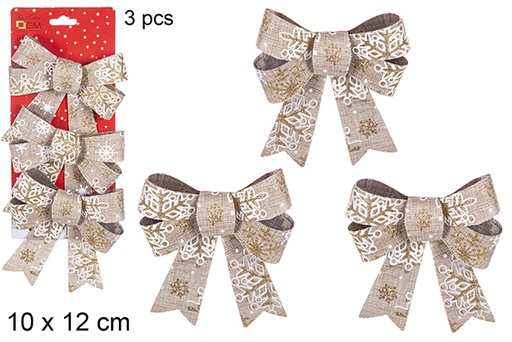 [111095] Pack 3 laços de Natal dourados decorados com flocos de neve 10x12 cm