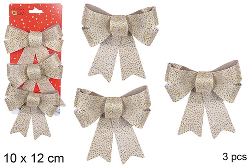 [111110] Pack 3 gold glitter Christmas bows 10x12 cm