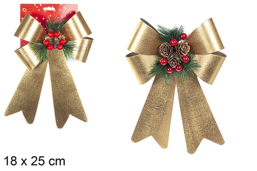 [111177] Laço de Natal dourado brilhante decorado com pinhas 18x25 cm