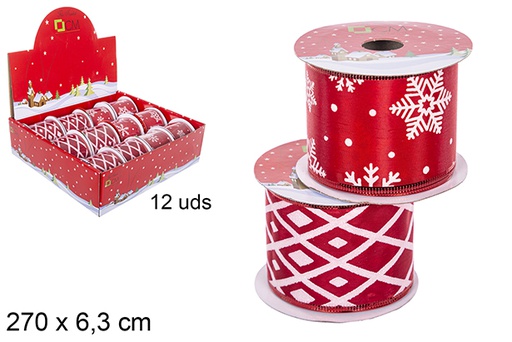 [111201] Christmas ribbon decorated with snowflakes/stripes assorted red 270x6,3 cm