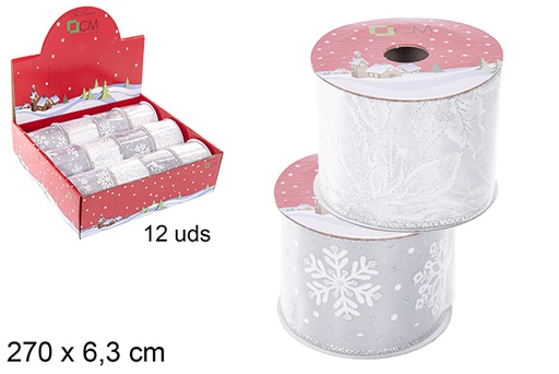 [111202] Christmas ribbon decorated snowflakes/flower white 270x6,3 cm