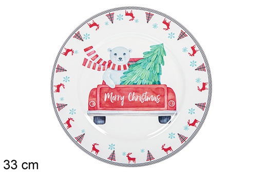 [110915] Bajo plato Navidad decorado oso con coche 33 cm