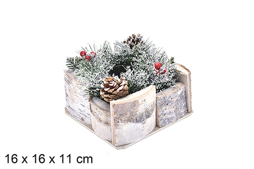 [205552] Portacandele quadrato decorato con pigne e bacche 16x11 cm