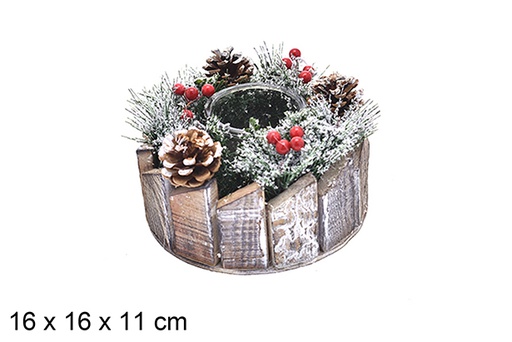 [205553] Portacandele tondo decorato con pigne e bacche rosse 16x11 cm