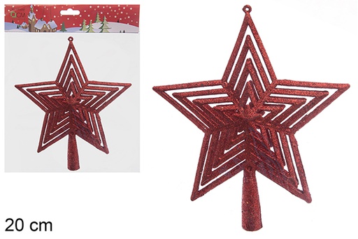 [205572] Ponta de árvore estrela perfurada com glitter vermelho 20 cm