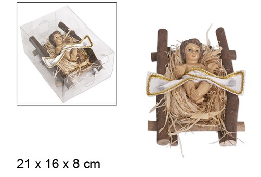 [046961] Gesù Bambino in culla di legno 21 cm