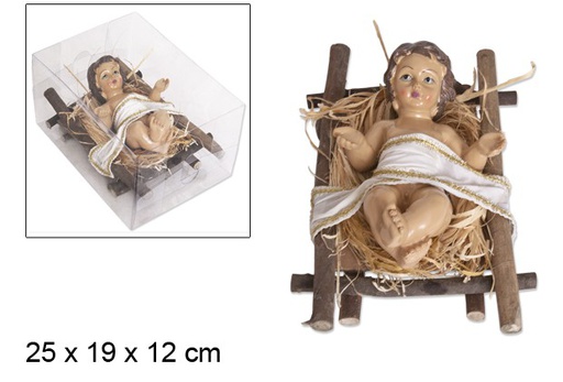 [046962] Gesù Bambino in culla di legno 25 cm