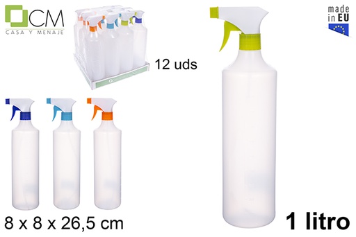 [111085] Garrafa de plástico graduado branco com spray 1 l.