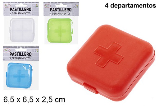 [110708] Pilulier plastique 4 départements couleurs assorties