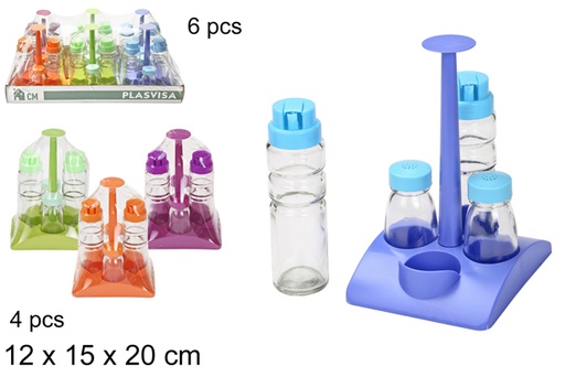 [111495] Pack 4 glass oilcans and salt shakers on square assorted colors base