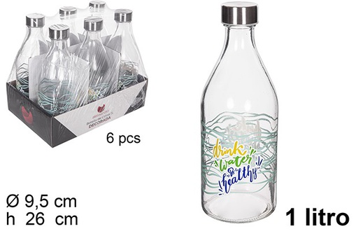 [111543] Borraccia vetro decorato per bere acqua coperchio in acciaio 1 l.