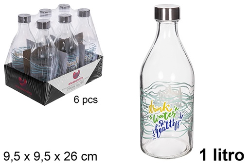 [111543] Glass water bottle decorated drink water steel lid 1 liter