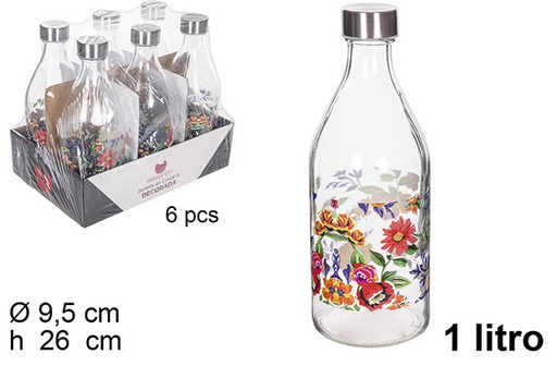 [111544] Bouteille d'eau verre décorée avec couvercle en acier à ressort 1 l.