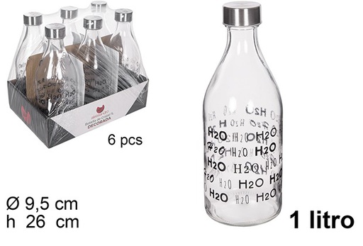[111545] Borraccia in vetro decorato H2O coperchio acciaio 1 l.