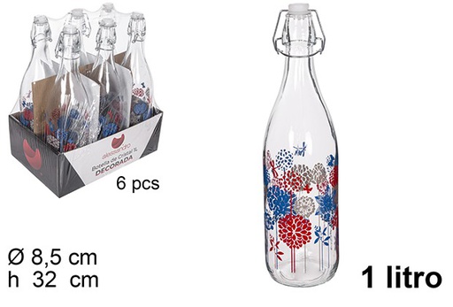 [111532] Botella cristal agua decorada campo de flores tapón gaseosa 1 l.