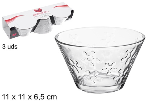 [111666] Pack 3 bols en verre décorés de fleurs 11 cm
