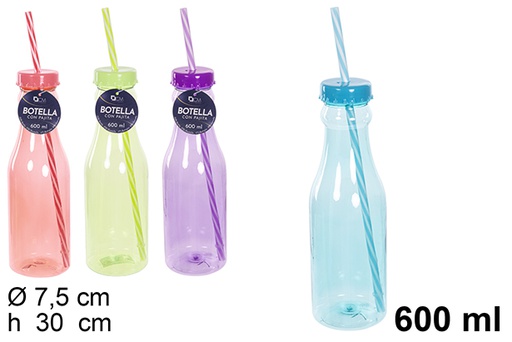 [110605] Bottle with straw assorted colors 600ml
