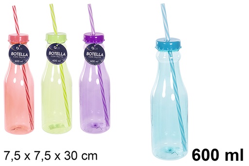 [110605] Bouteille avec paille couleurs assorties 600 ml