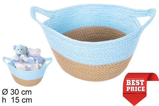 [111733] Natural/turquoise paper rope basket with handles 30x15 cm